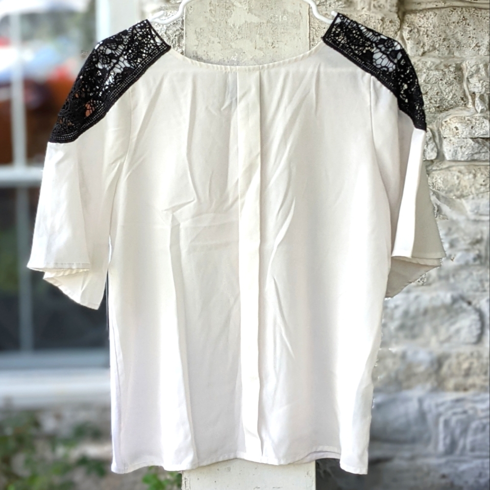 Cream Blouse with Black Lace Shoulders